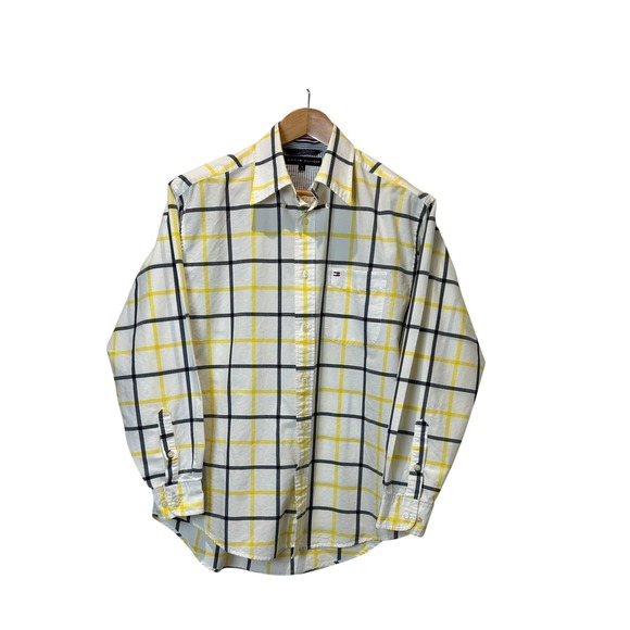 Vintage Tommy Hilfiger Mens M Button Down Shirt Plaid Yellow Black White Cotton - Picture 1 of 10